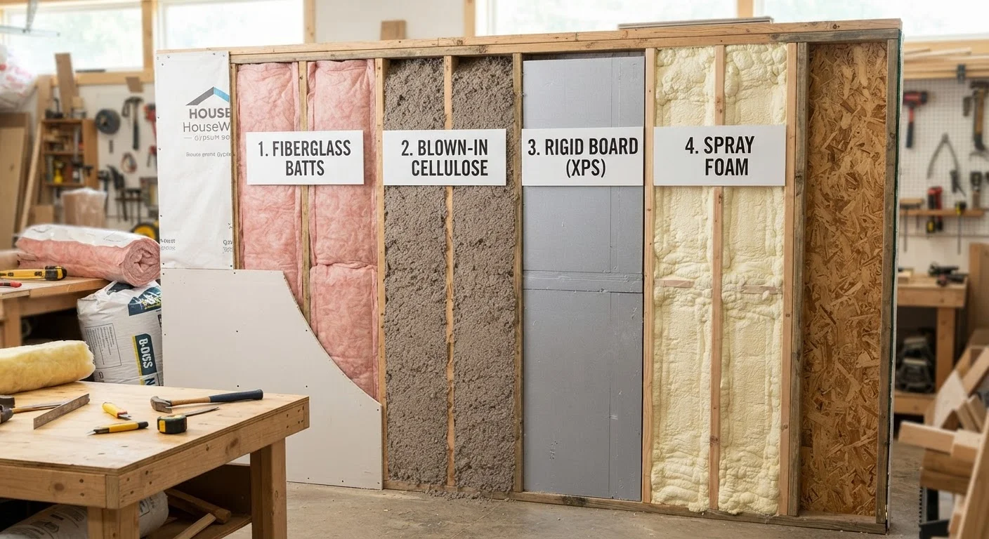 Insulation Types Side by Side: Batts, Blown-In, Spray Foam, and Rigid Board